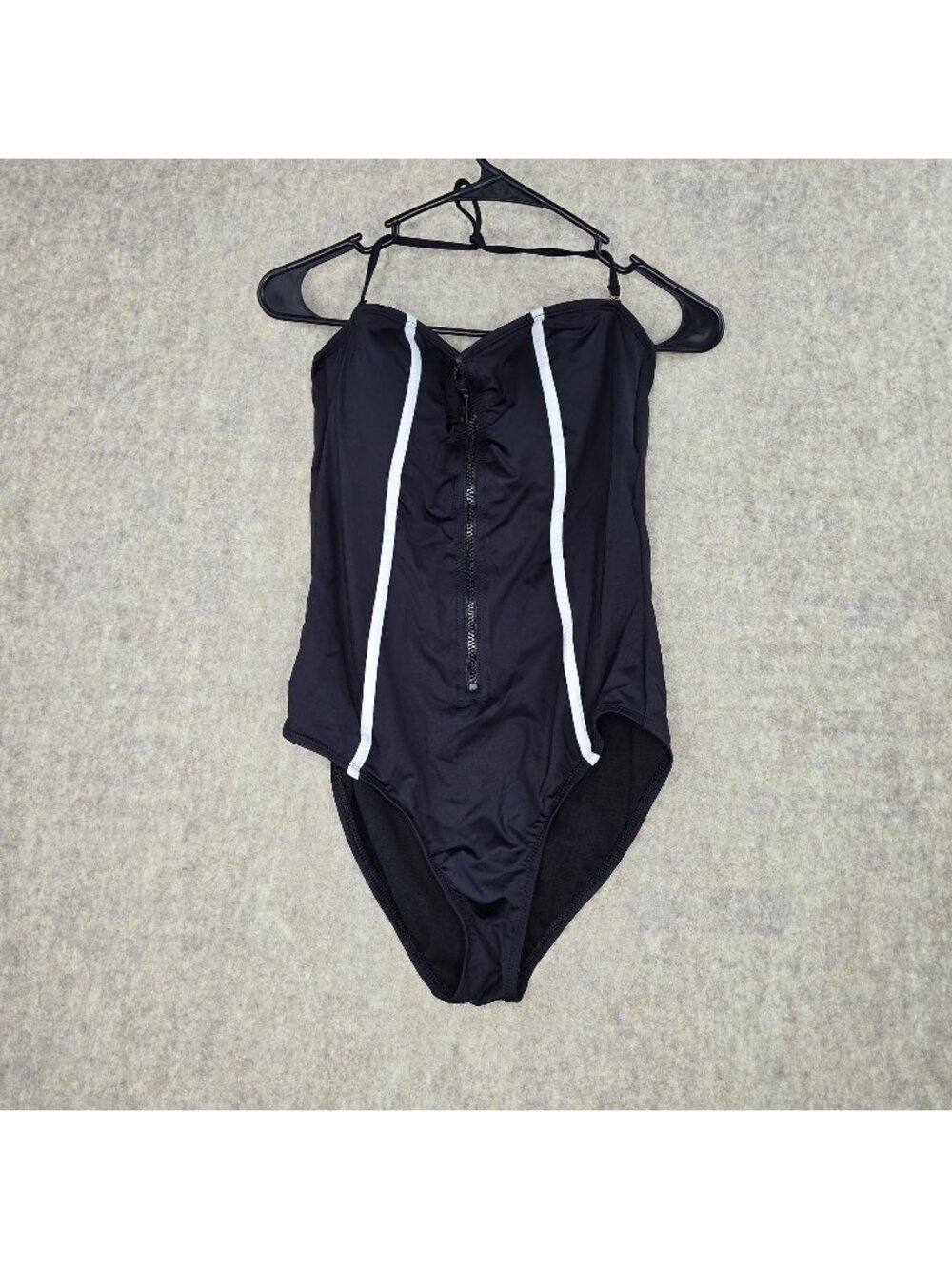 Black Womens One-Piece Swimsuit With Front Zipper Accents White Stripe Details